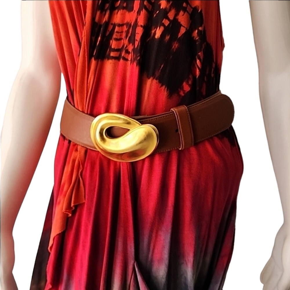VINTAGE ROBERT LEE MORRIS Leather Belt Gold Swirl Buckle 80s Wearable Art Deco - Picture 5 of 16